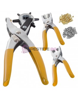 Комплект клещи за колани, кожа, перфориране, нитове, капси и винтове